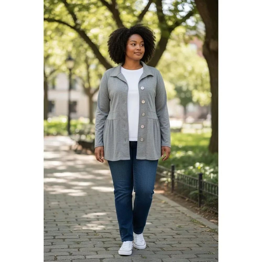Bedford Fair Womens Gray Button-Down Jacket XL Polyester Blend